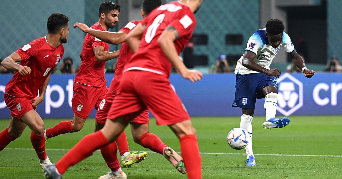 Bukayo Saka puts England 4-0 up against Iran at World Cup 2022: Bukayo Saka of England scores their team&#039;s fourth goal during the FIFA World Cup Qatar 2022 Group B match between England and IR Iran at Khalifa International Stadium on November 21, 2022 in Doha, Qatar.