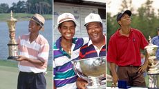 (L to R) Tiger Woods with the 1994 US Amateur title, Tiger and Earl Woods with the 1991 US Junior Amateur and Tiger Woods reacting to winning the 1996 US Amateur