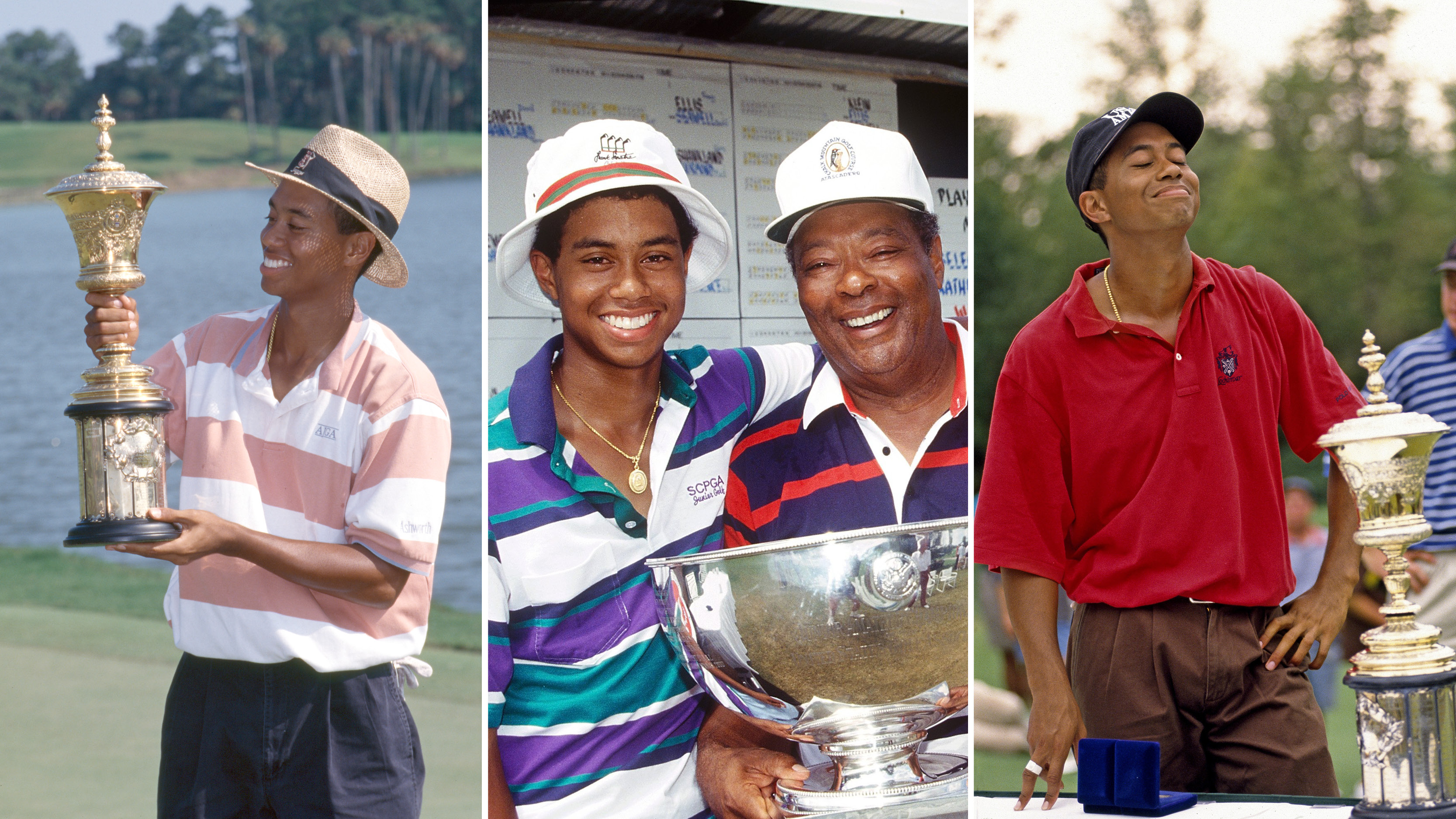 (L to R) Tiger Woods with the 1994 US Amateur title, Tiger and Earl Woods with the 1991 US Junior Amateur and Tiger Woods reacting to winning the 1996 US Amateur