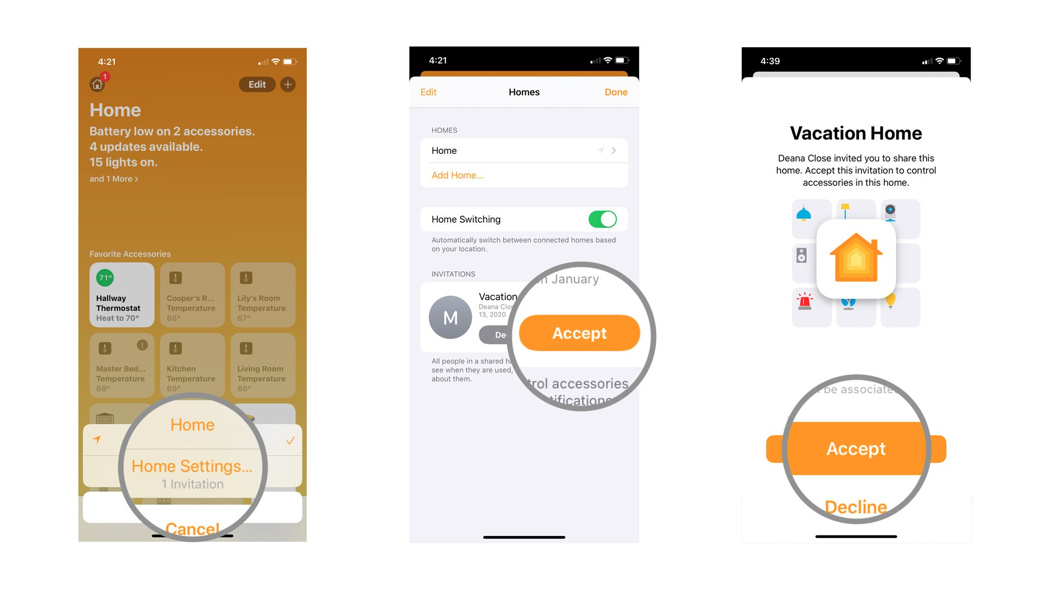 Tap Home Settings, review invite and tap accept, tap accept again to confirm
