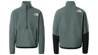 The North Face TKA Kataka fleece, in sage green with black details, front and back view