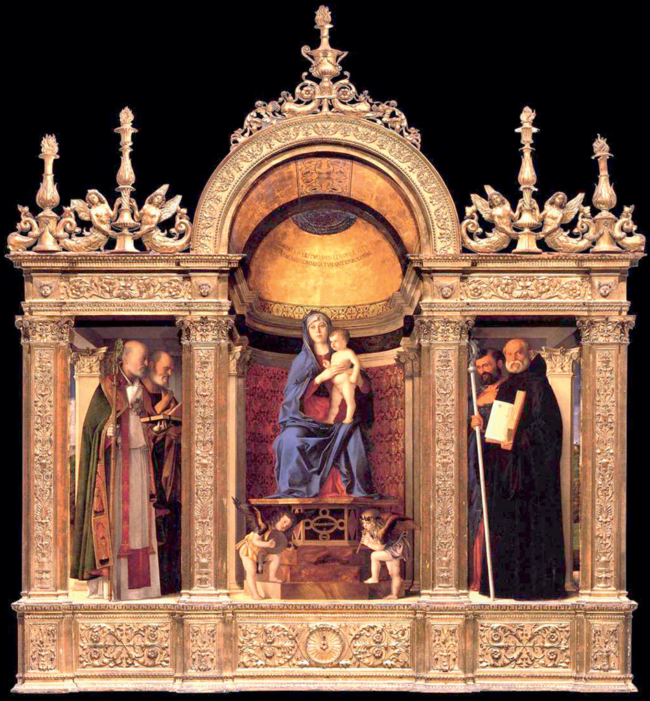 onna with Child and Saints, known as the Frari Triptych (also the Pesaro Triptych), 1488, oil on panel, 108¼in by 98½in, by Giovanni Bellini (about 1430–1516), Santa Maria Gloriosa dei Frari, Venice, Italy.