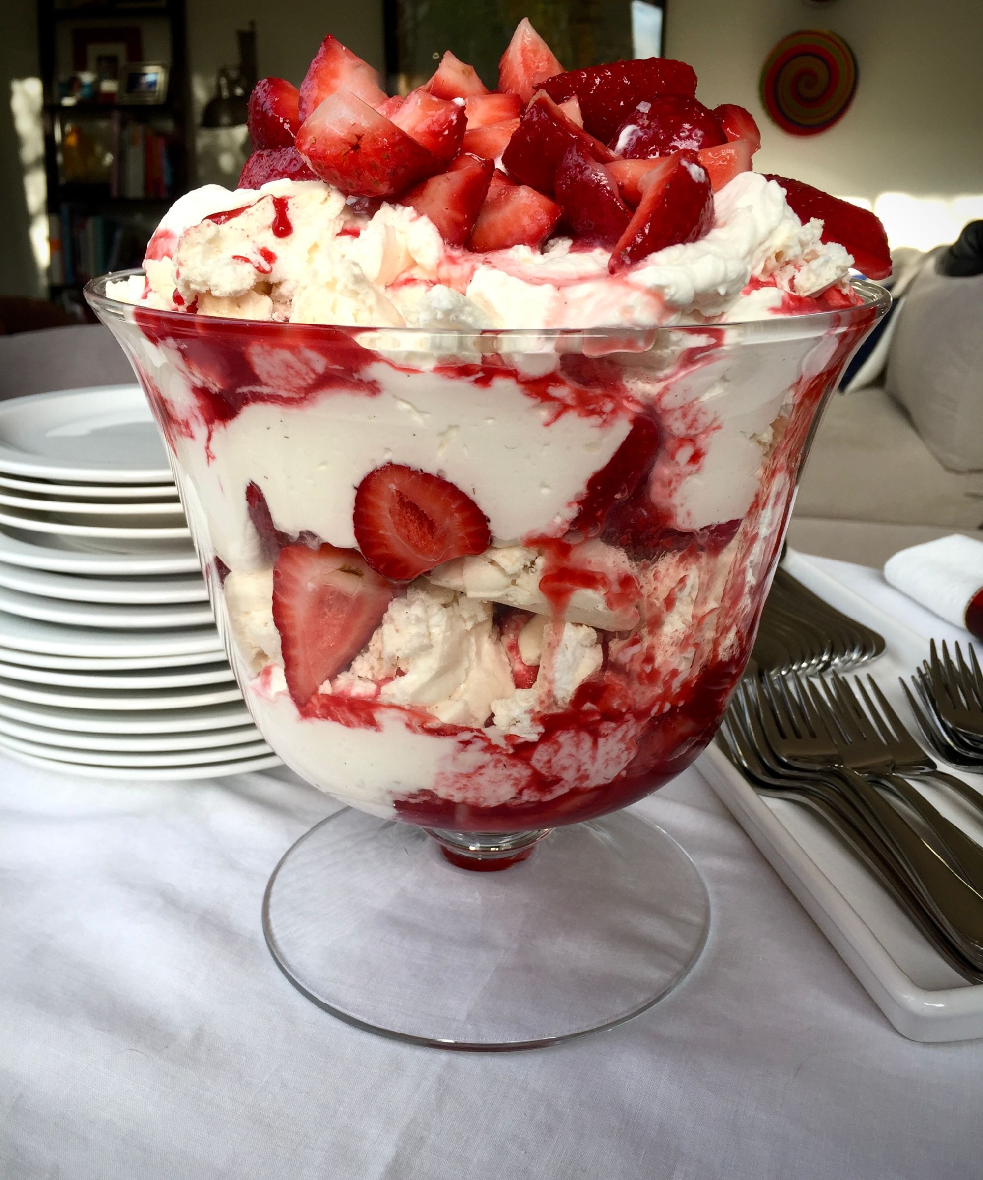 Large glass bowl of eton mess