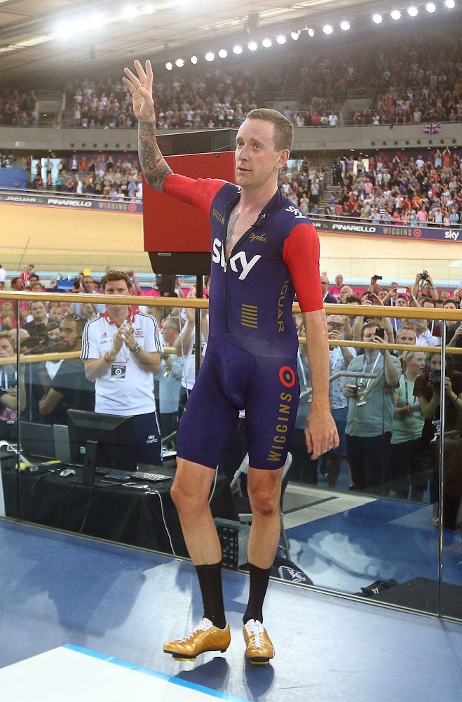 Bradley Wiggins of Great Britain and Team Wiggins celebrates after the UCI One Hour Record at Lee Valley Velopark Velodrome