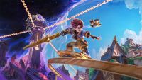 Colourful art of a boy holding a golden sword riding a rail