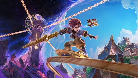 Colourful art of a boy holding a golden sword riding a rail