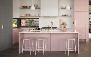 Kitchen with concrete floor and pink units