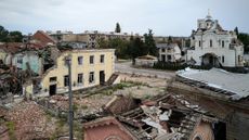 Train station, church and other buildings destroyed in Russian strikes on Kostyantynivka, Ukraine.