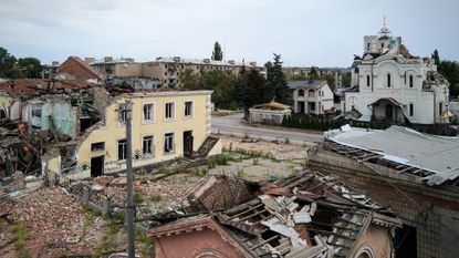 Train station, church and other buildings destroyed in Russian strikes on Kostyantynivka, Ukraine.