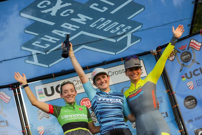 The podium of the C2 race at the 2018 Charm City Cross (l to r): Kaitie Keough (Cannondale p/b CyclocrossWorld), winner Ellen Noble (Trek Factory Racing CX), Rebecca Fahringer (Kona Maxxis Shimano)