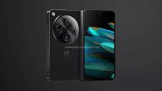 A render of the OnePlus Open, in black on a black background