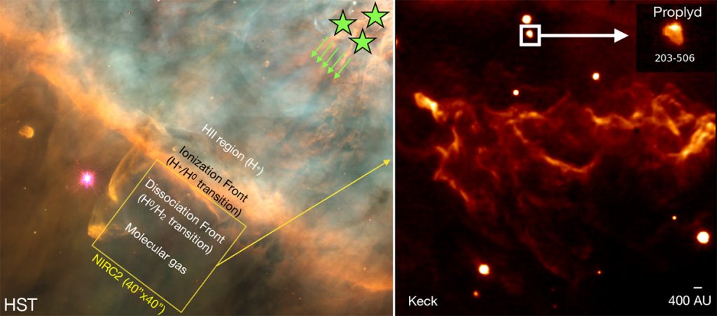 A Hubble Space Telescope mosaic of the Orion Bar, and a nfrared heat map of the Orion Bar obtained with Keck Observatory's NIRC2 instrument.