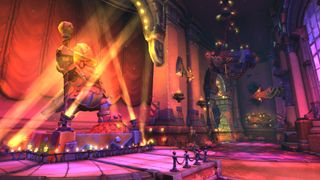 An ingame screenshot from World of Warcraft with a lavish interior of a goblin building with floodlights and a statue.