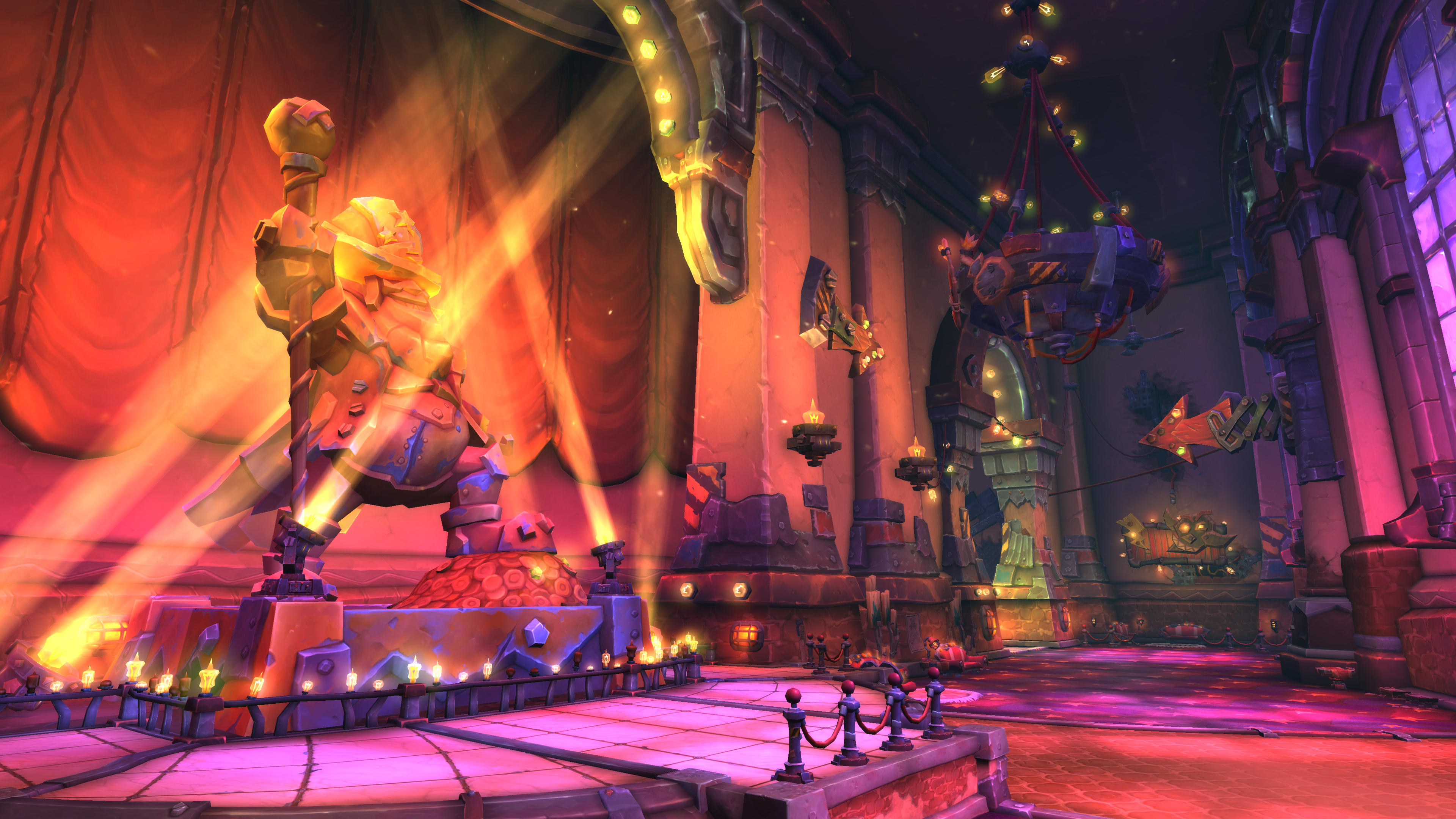 An ingame screenshot from World of Warcraft with a lavish interior of a goblin building with floodlights and a statue.