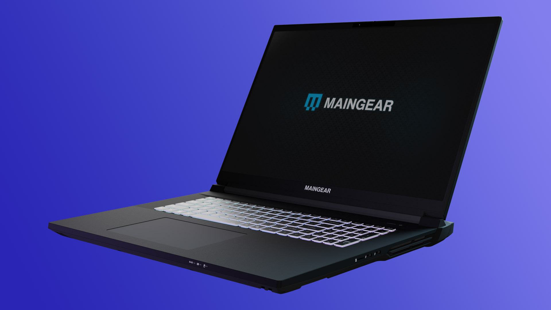 Maingear Ultima 18 gaming laptop on a purple gradient background.