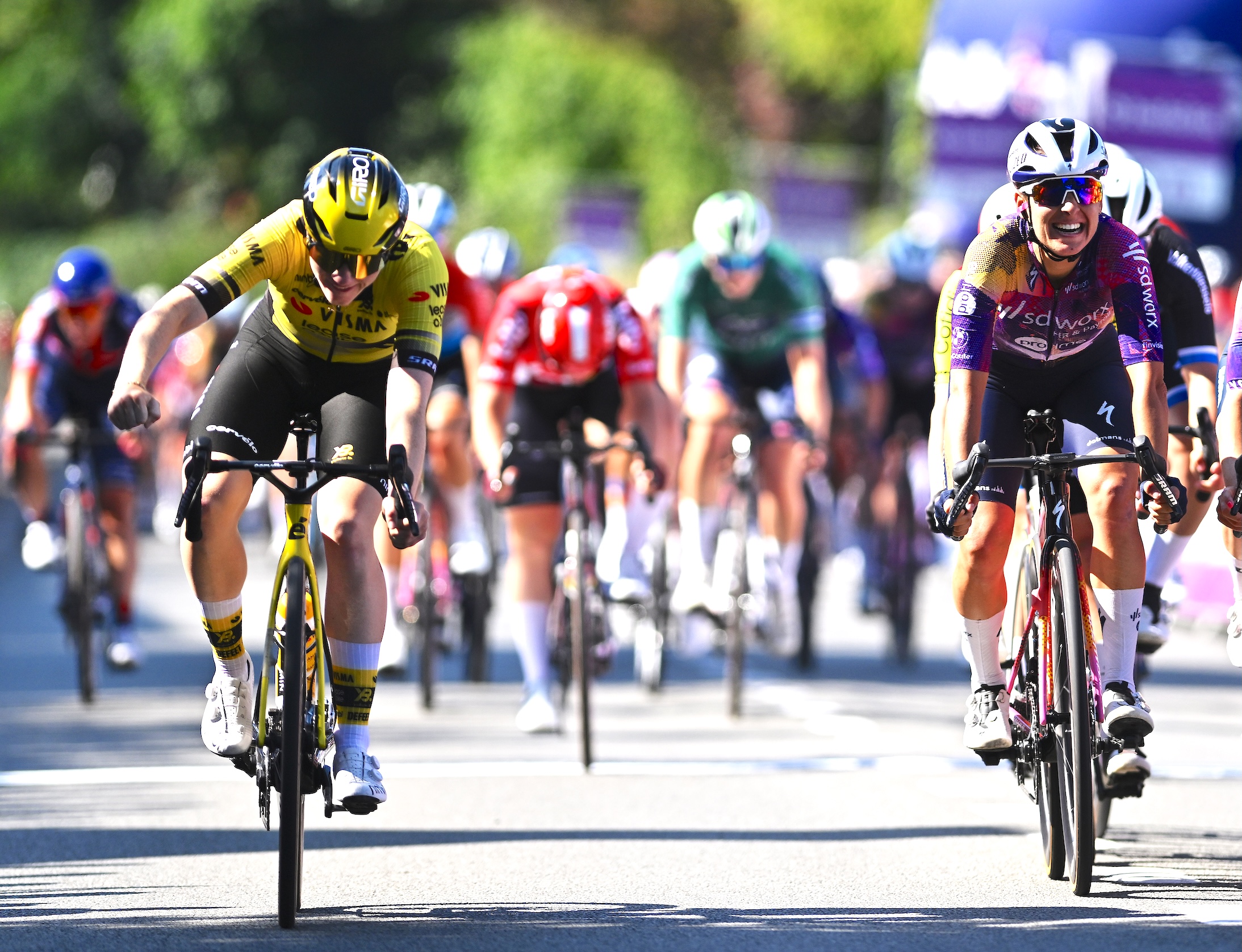 OLSENE, BELGIUM - JULY 18: (L-R) Stage winner Nienke Veenhoven of Netherlands and Team Visma | Lease a Bike, Barbara Guarischi of Italy and Team SD Worx - Protime, Chiara Consonni of Italy and Team CANYON//SRAM zondacrypto, Charlotte Kool of Netherlands and Team Picnic PostNL - Purple Leader Jersey and Clara Copponi of France and Team Lidl - Trek during the 11th Baloise Ladies Tour 2025, Stage 2 a 127.3km stage from Olsene to Olsene on July 18, 2025 in Olsene, Belgium. (Photo by Luc Claessen/Getty Images)
