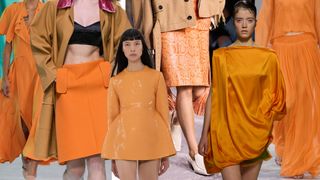 the tangerine orange spring 2025 color trend at Burberry, Prada, Loewe, Bottega Veneta, Dries Van Noten, Alberta Ferretti runways