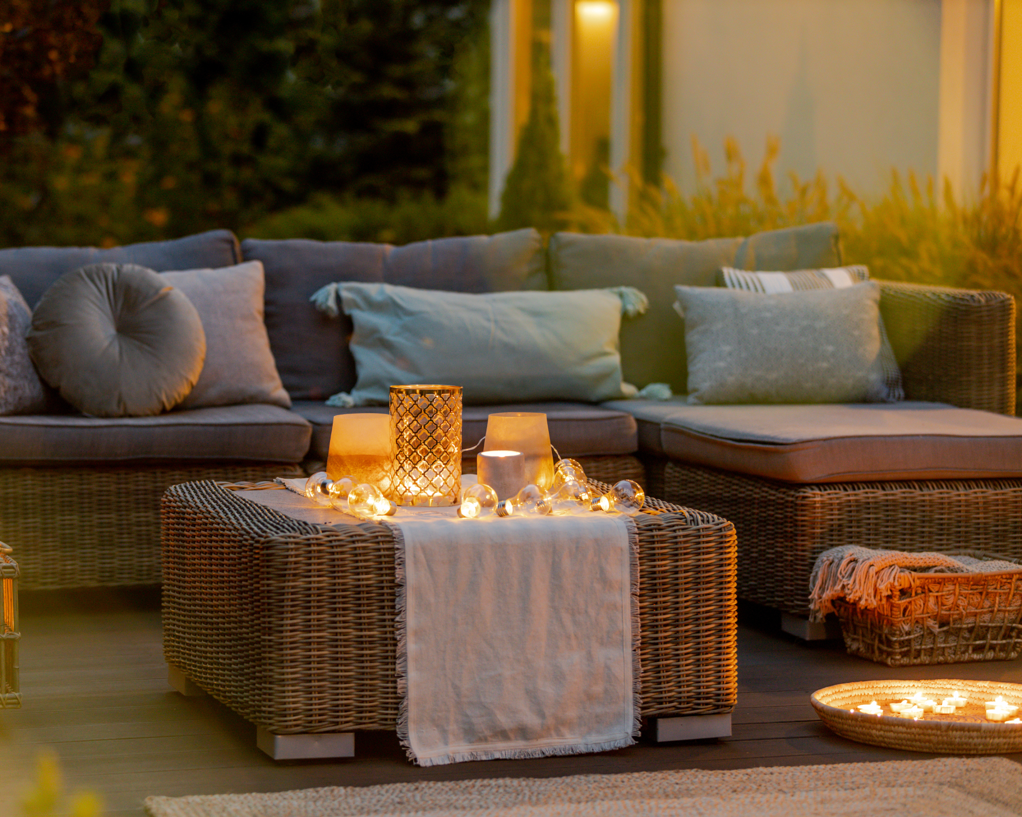candles and solar lights on a patio