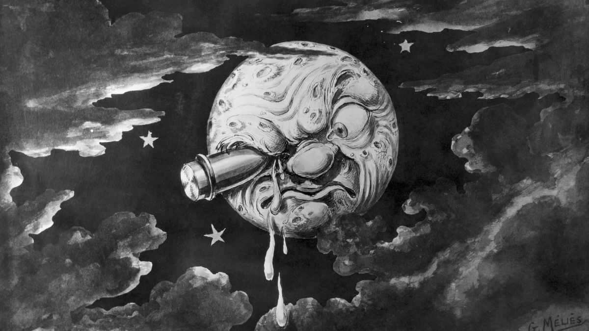 In the 1902 French movie, &quot;A Trip to the Moon,&quot; a space rocket hits moon in the eye.