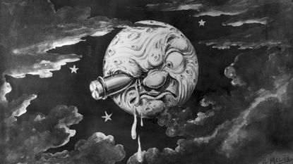 In the 1902 French movie, "A Trip to the Moon," a space rocket hits moon in the eye.