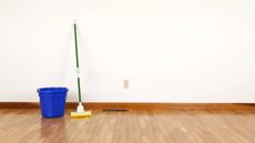 a mop and blue bucket sat on a wooden floor, against a white/beige wall with a single plug socket in the middle