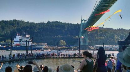 The MSV Fennica goes under the St. Johns Bridge in Portland, Oregon.