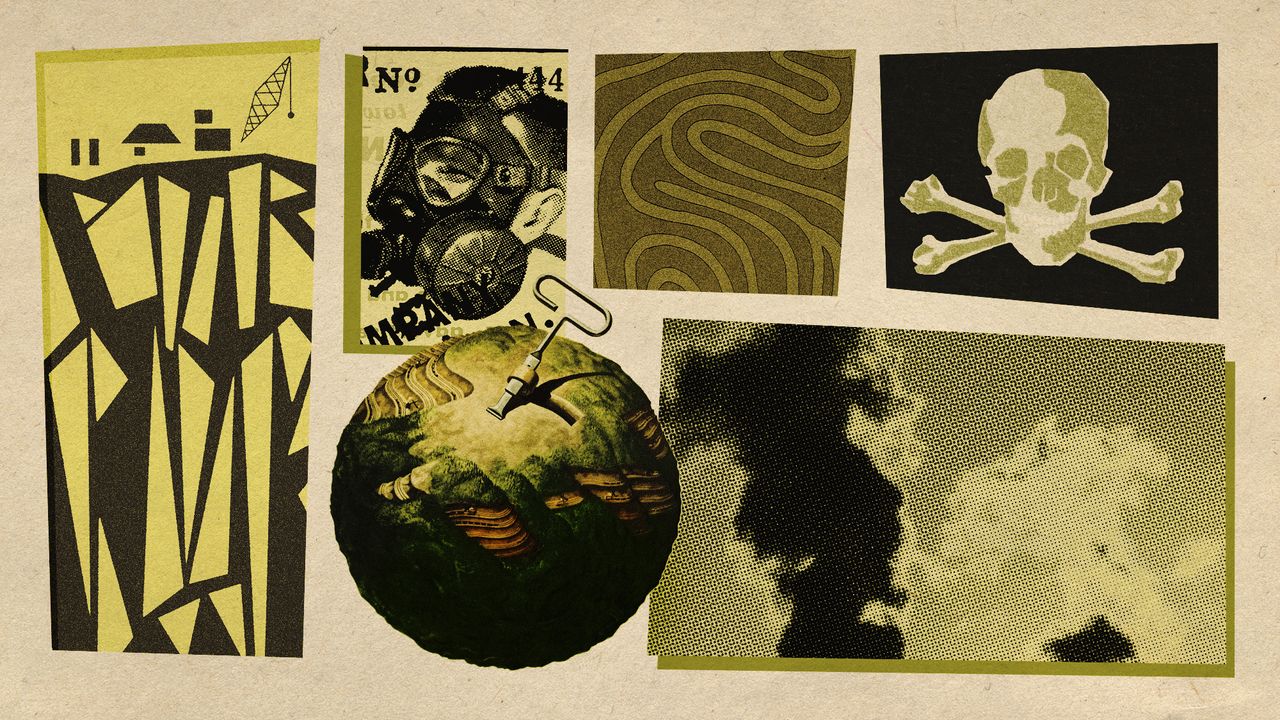 Illustrative collage of mine shafts, a gas mask, underground tunnels, a skull and crossbones, and clouds of pollution