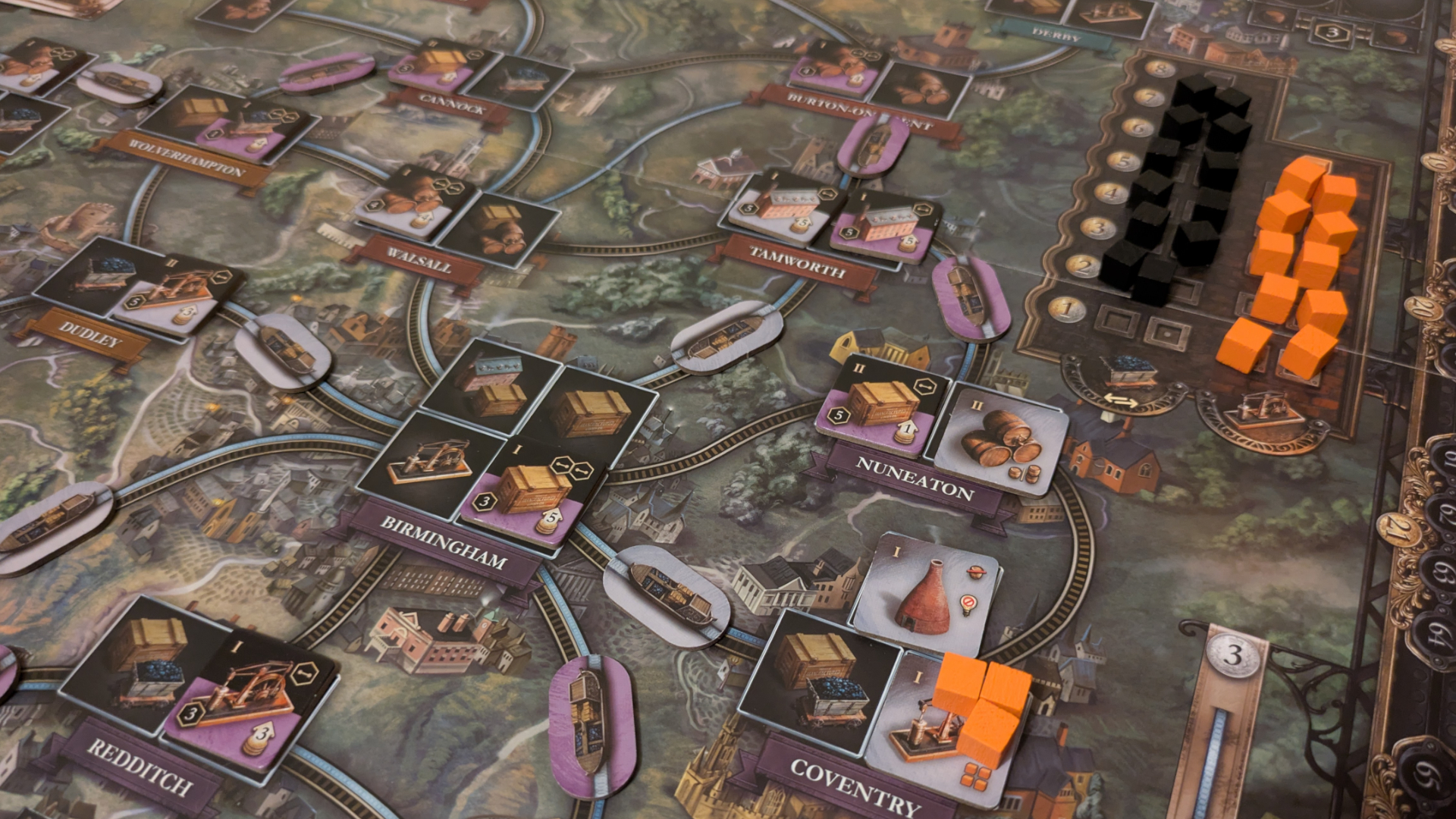 Brass: Birmingham board and tokens showing industry on a map of the British midlands