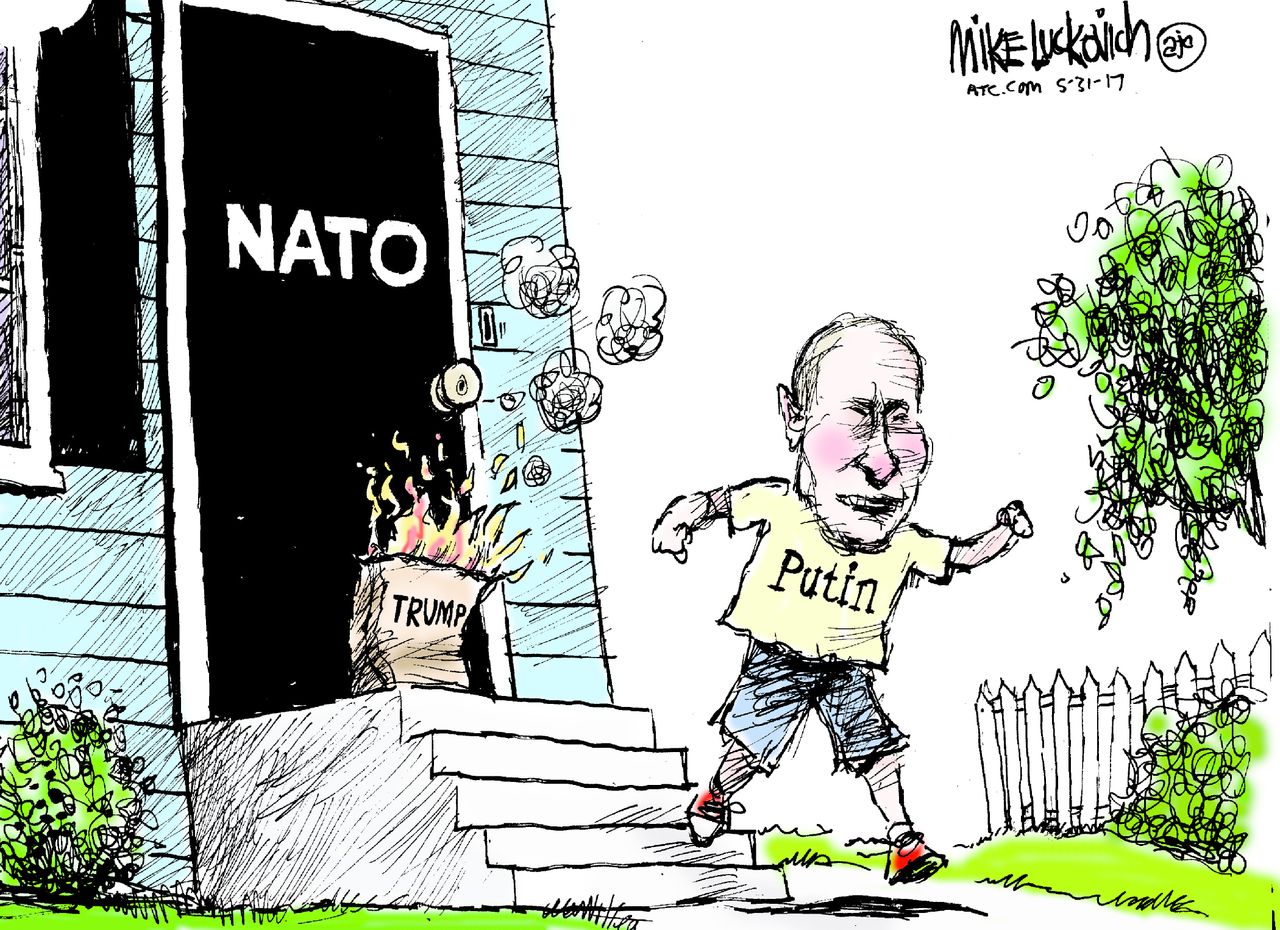 Political cartoon U.S. Trump Vladmir Putin NATO doorstep