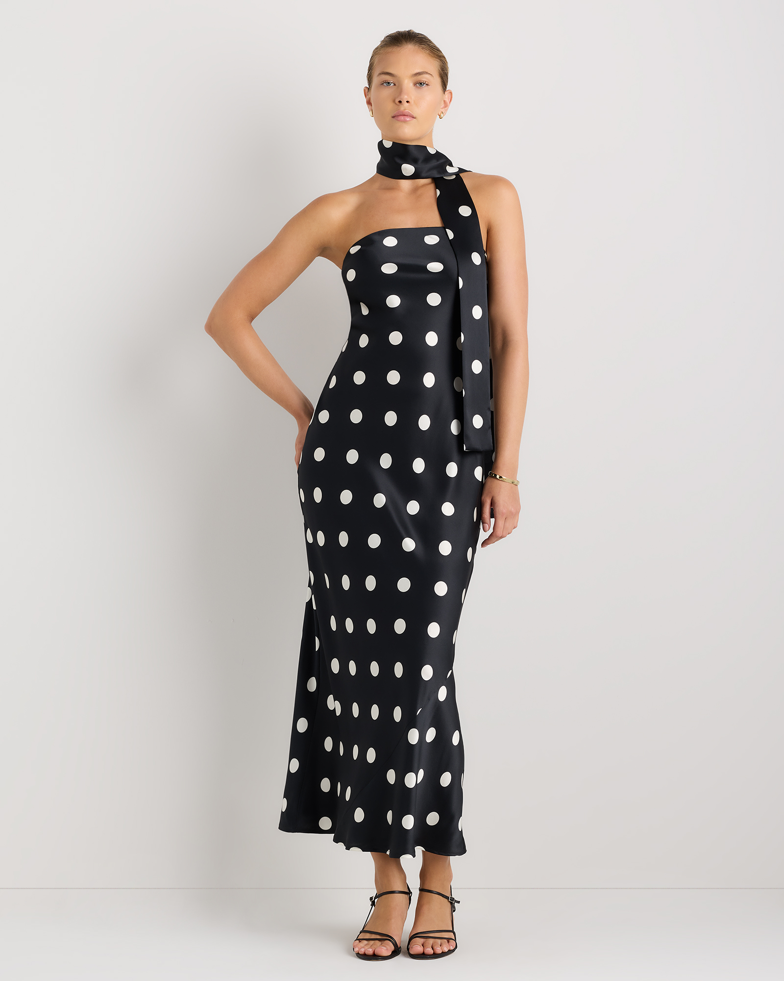 100% Washable Silk Strapless Scarf Maxi Dress in Noir Large Dot