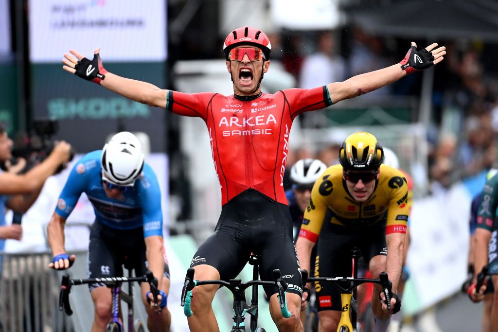 MAMER LUXEMBOURG SEPTEMBER 21 Jenthe Biermans of Belgium and Team Arkea Samsic celebrates at finish line as stage winner during the 83rd Skoda Tour Luxembourg 2023 Stage 2 a 1839km stage from MondorflesBains to Mamer UCIWT on September 21 2023 in Mamer Luxembourg Photo by Tim de WaeleGetty Images