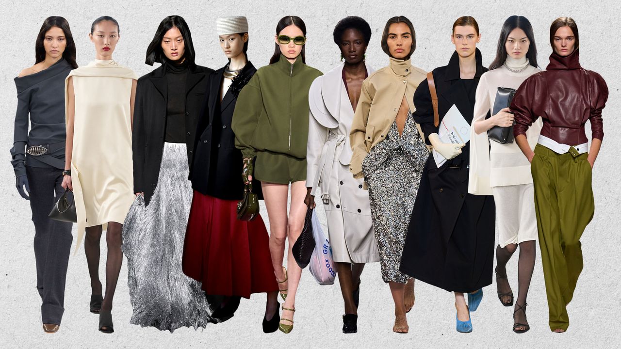 a collage showing long-haul fashion trends shown in the fall 2024 and spring 2025 runway shows of Tod&#039;s, Toteme, 16Arlington, Altuzarra, Gucci, Bottega Veneta, Brandon Maxwell, Del Core, Toteme, Victoria Beckham