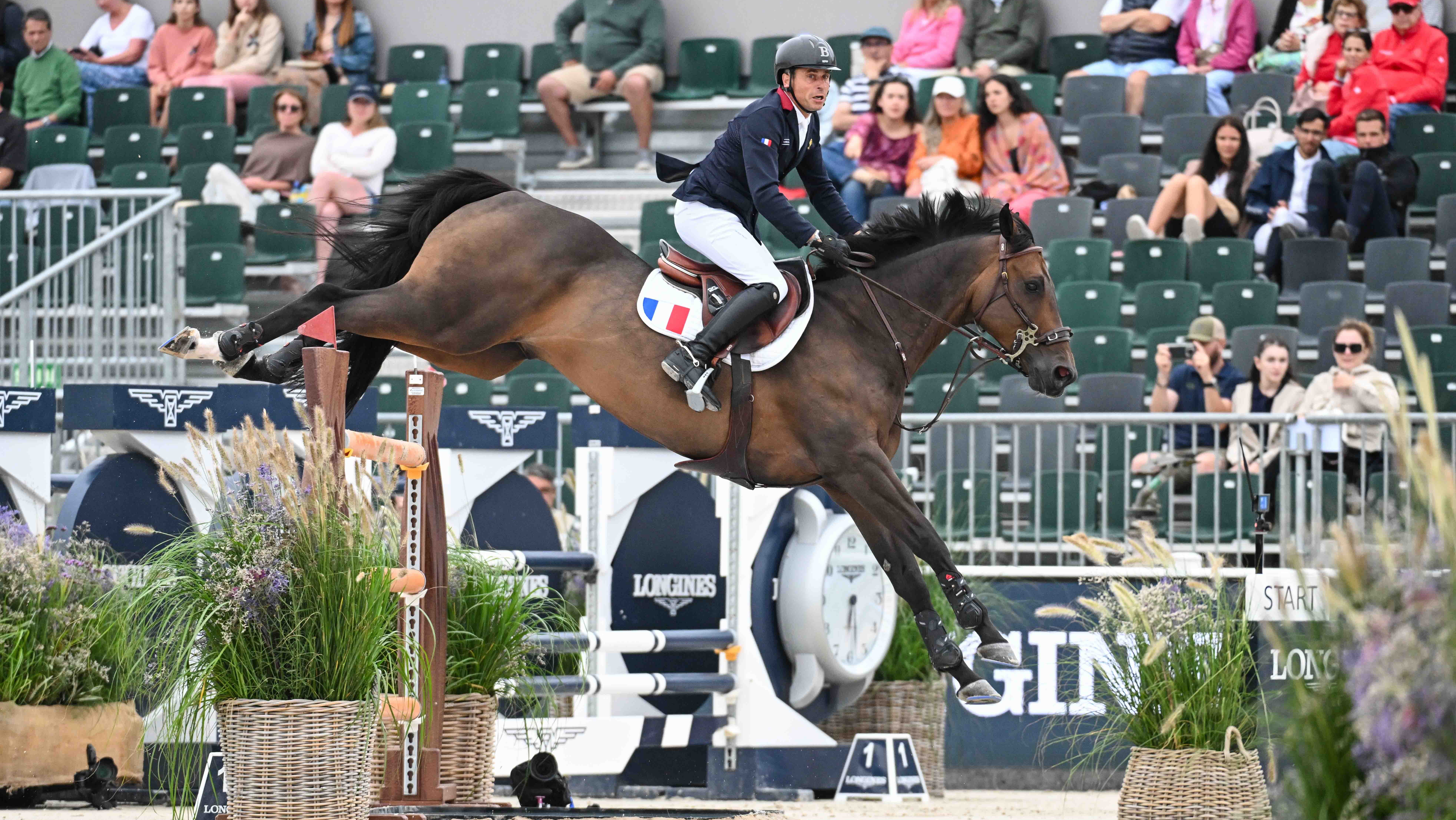 A bay horse wearing a white saddle pad displaying the French flag landing from an oxer.