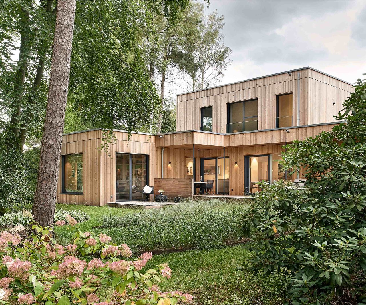 A modern timber-clad self build with multiple flat roofs, set on a woodland plot