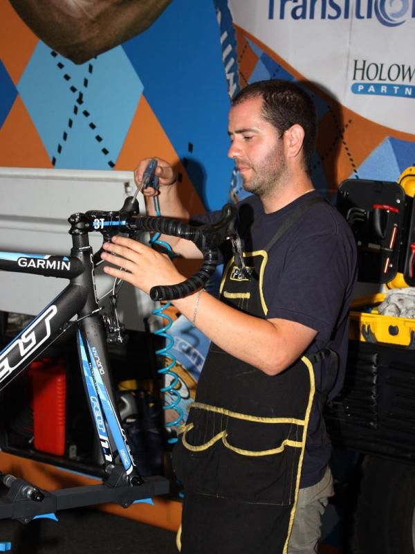 No nook or cranny is left untouched - team mechanic Inaki Goiburu spends almost as much time drying Tyler Farrar's bike as Victor Villalba spent washing it.