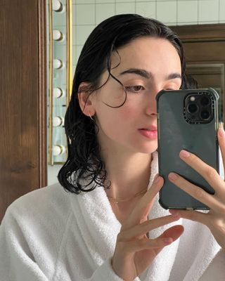 Pia mbd wearing bath robe and taking selfie with damp hair and clean skin