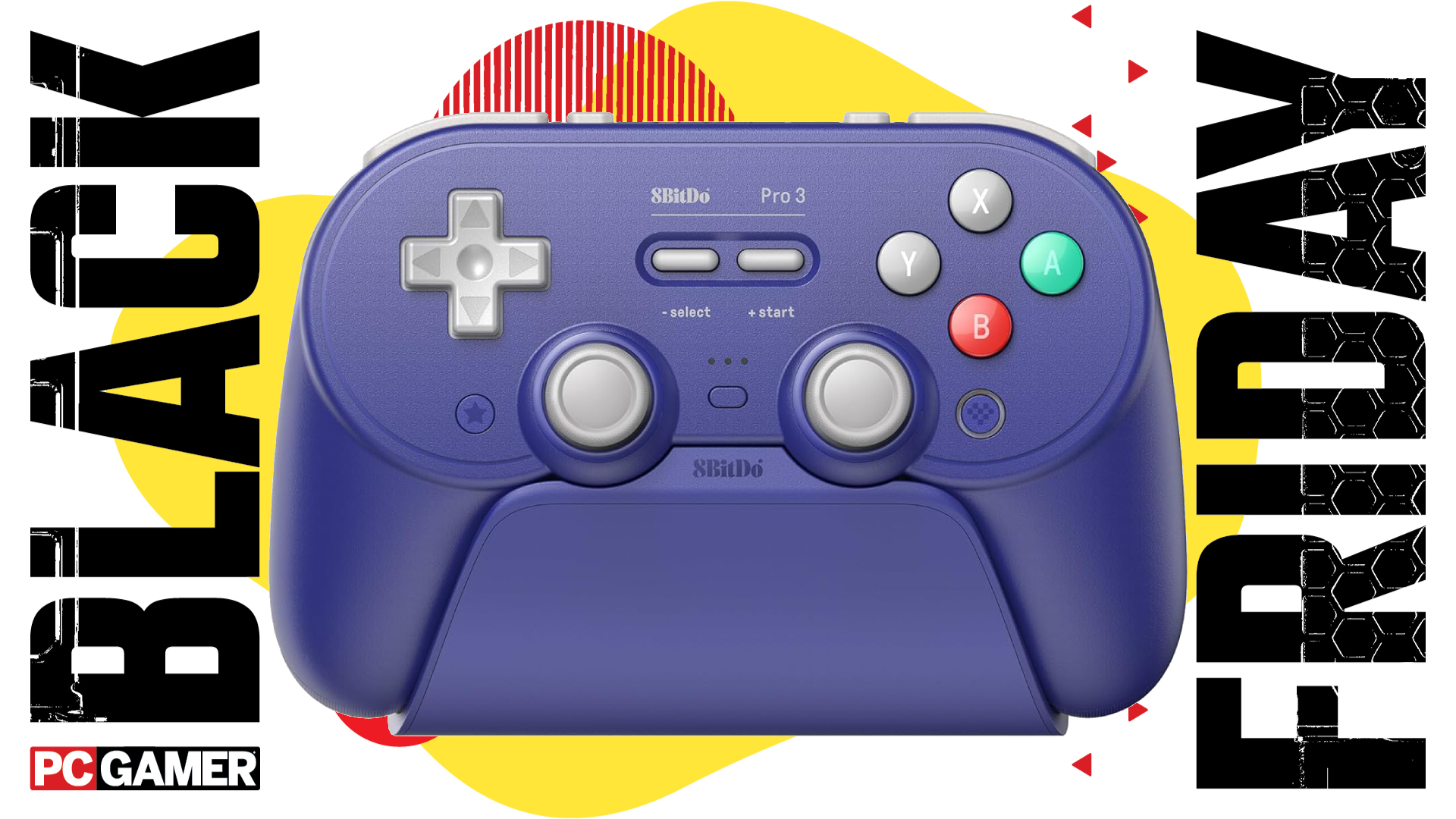 The purple version of the 8BitDo Pro 3 controller sits in its charging dock. Both are seen in the funky Black Friday deal void.