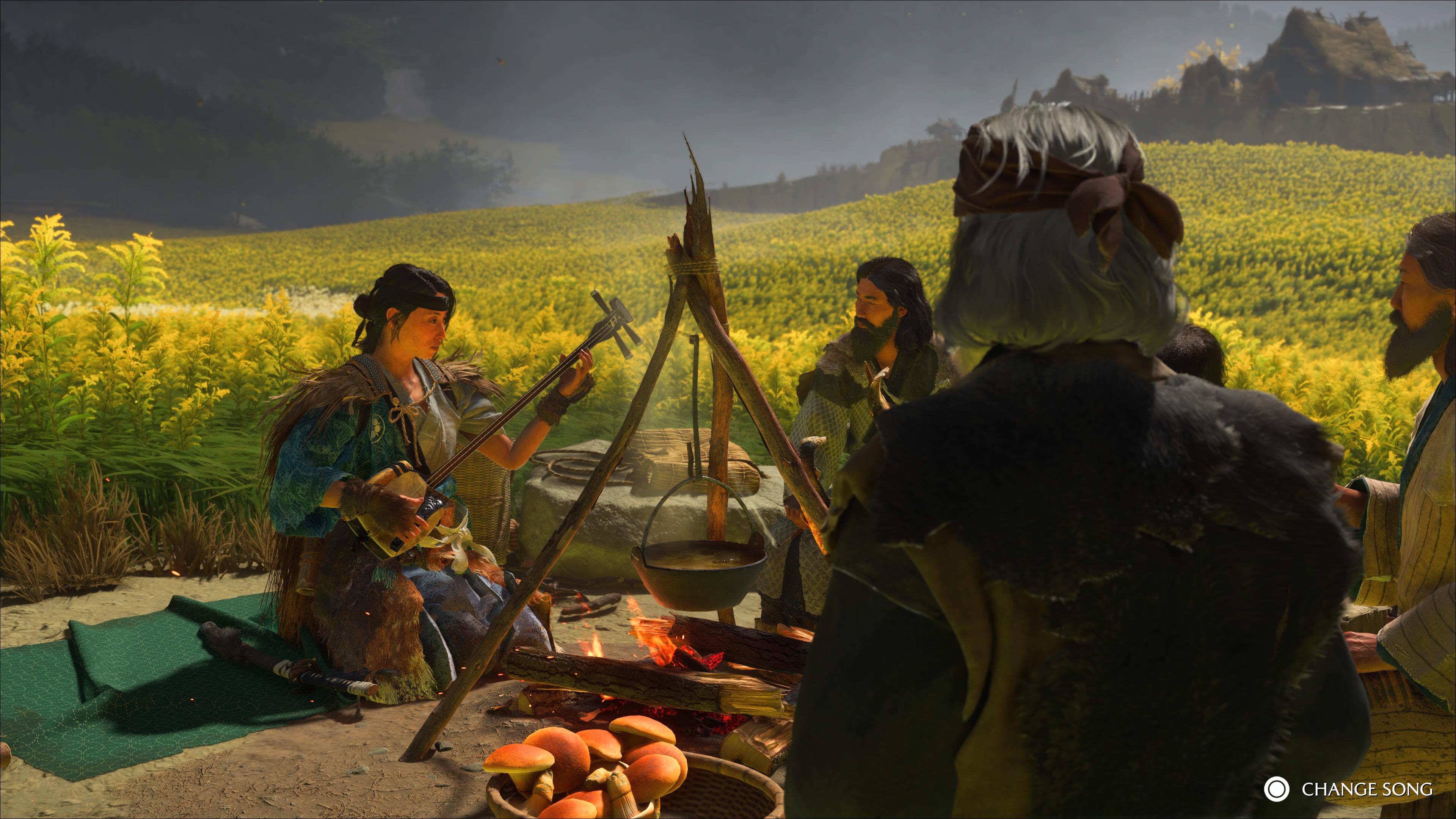 Atsu playing music for a camp of merchants in a field of yellow flowers in Ghost of Yotei