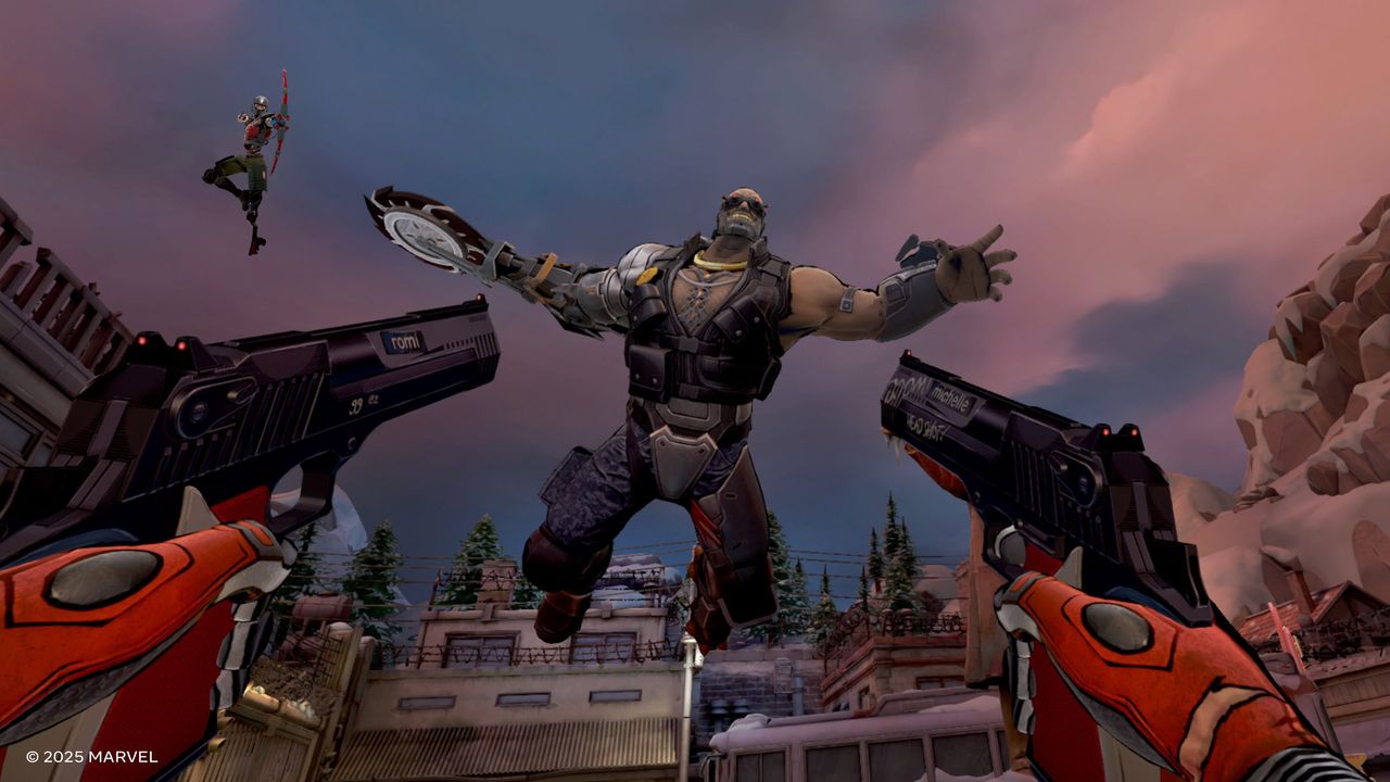 A Deadpool VR screenshot showing Deadpool dual-wielding pistols pointed at a cyborg enemy leaping down towards the player.