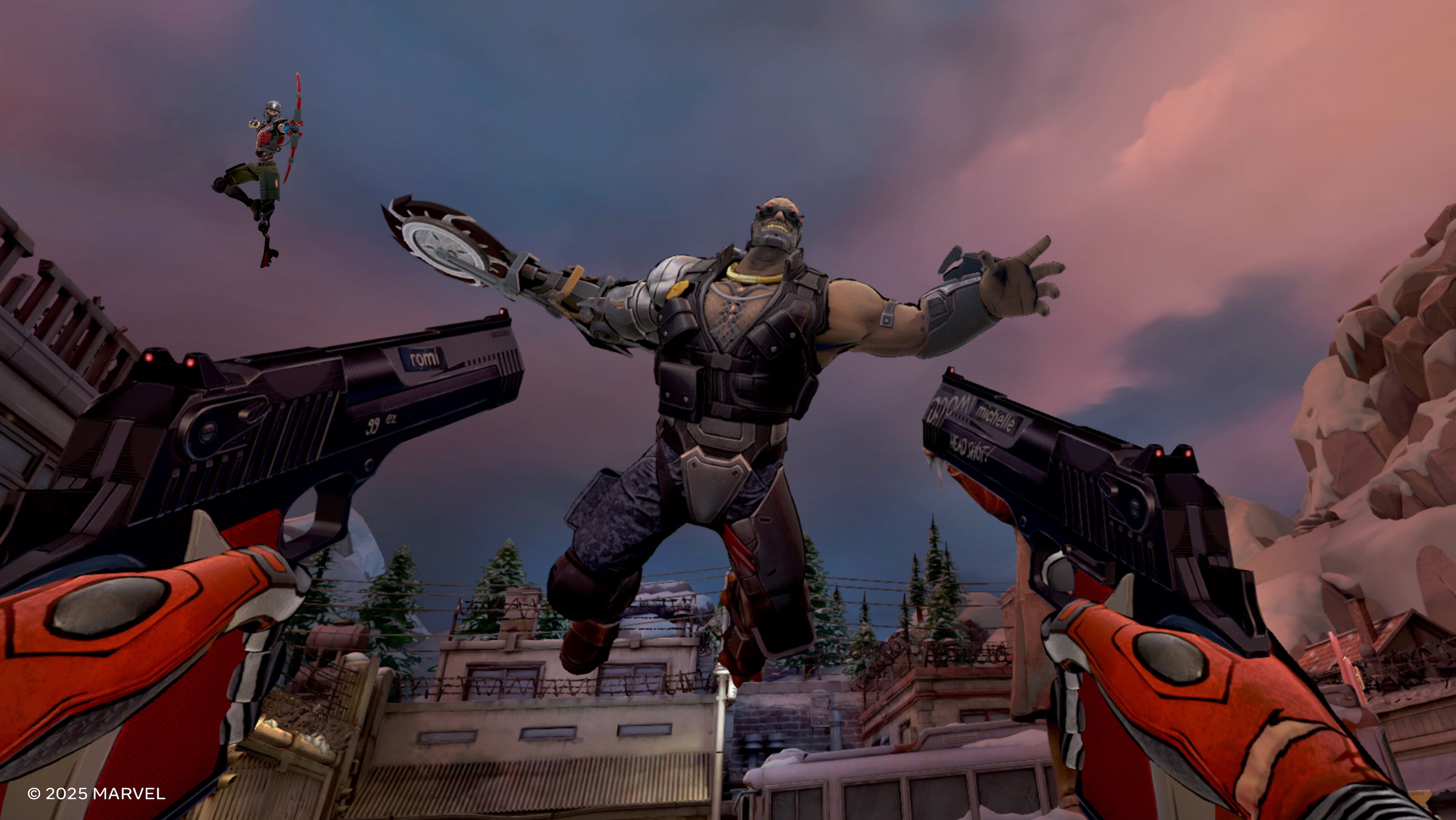 A Deadpool VR screenshot showing Deadpool dual-wielding pistols pointed at a cyborg enemy leaping down towards the player.