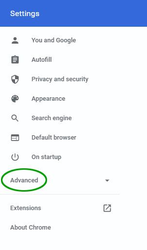 The Advanced selection highlighted in the Chrome settings page.