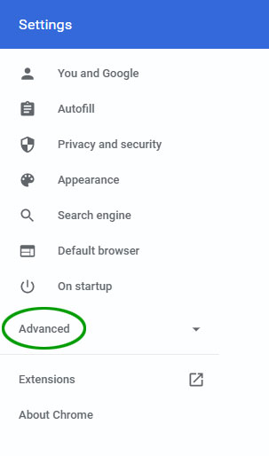 The Advanced selection highlighted in the Chrome settings page.