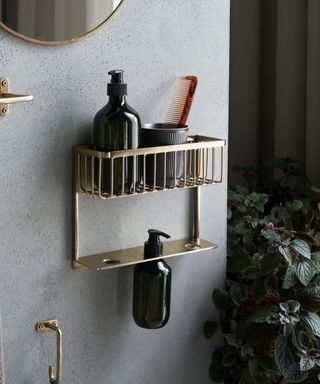 A gold metal shower caddy with a black soap dispenser and a comb in it and another soap dispenser hanging off it, hanging on a gray wall with a black curtain and plant to the right