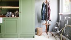 green entryway with closed storage, coat stand and bike