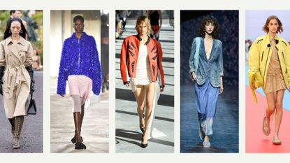 A composite of models on the runway wearing coat trends 2023