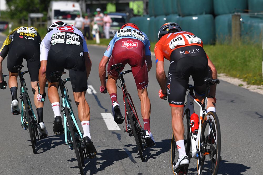Willie Smit of South Africa and Team Katusha Alpecin / Simon Pellaud of Switzerland and Team Switzerland / Bert Jan Lindeman of The Netherlands and Team Jumbo - Visma / Ryan Anderson of Canada and Team Rally UHC Cycling / Detail view / during the 83rd Tour of Switzerland, Stage 3