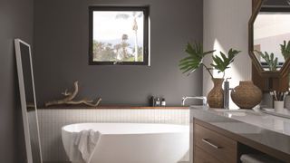 Japandi bathroom with earthy gray walls a white freestanding oval bath and square window above the bath