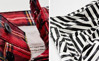 Two images, Left- Close up of tartan pattern Jeans, Right- Close up of striped pattern Jeans