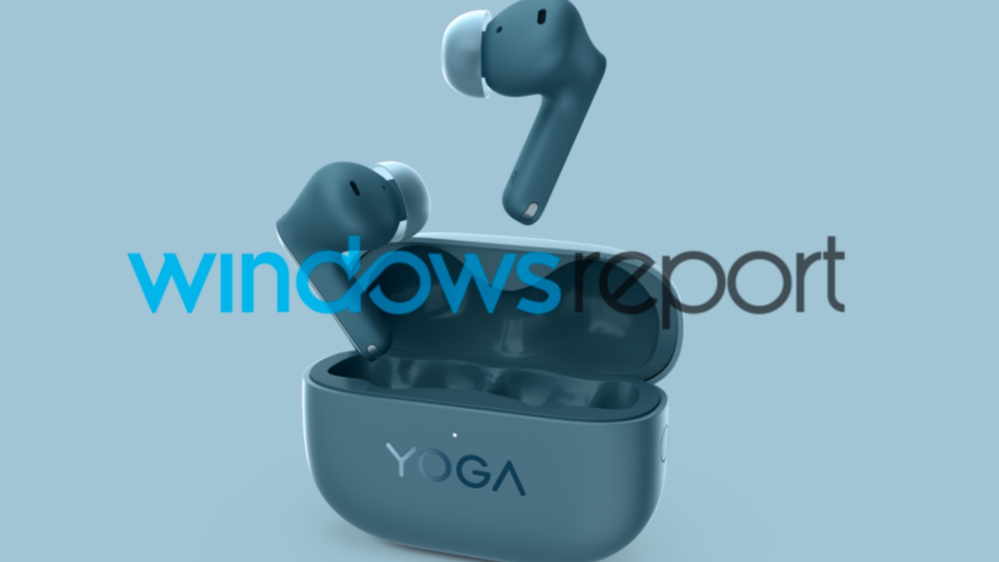 The purported Lenovo Yoga TWS Earbuds on a blue background. Image credit: Windows Report.
