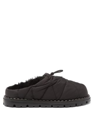 Quilted nylon and shearling backless loafers